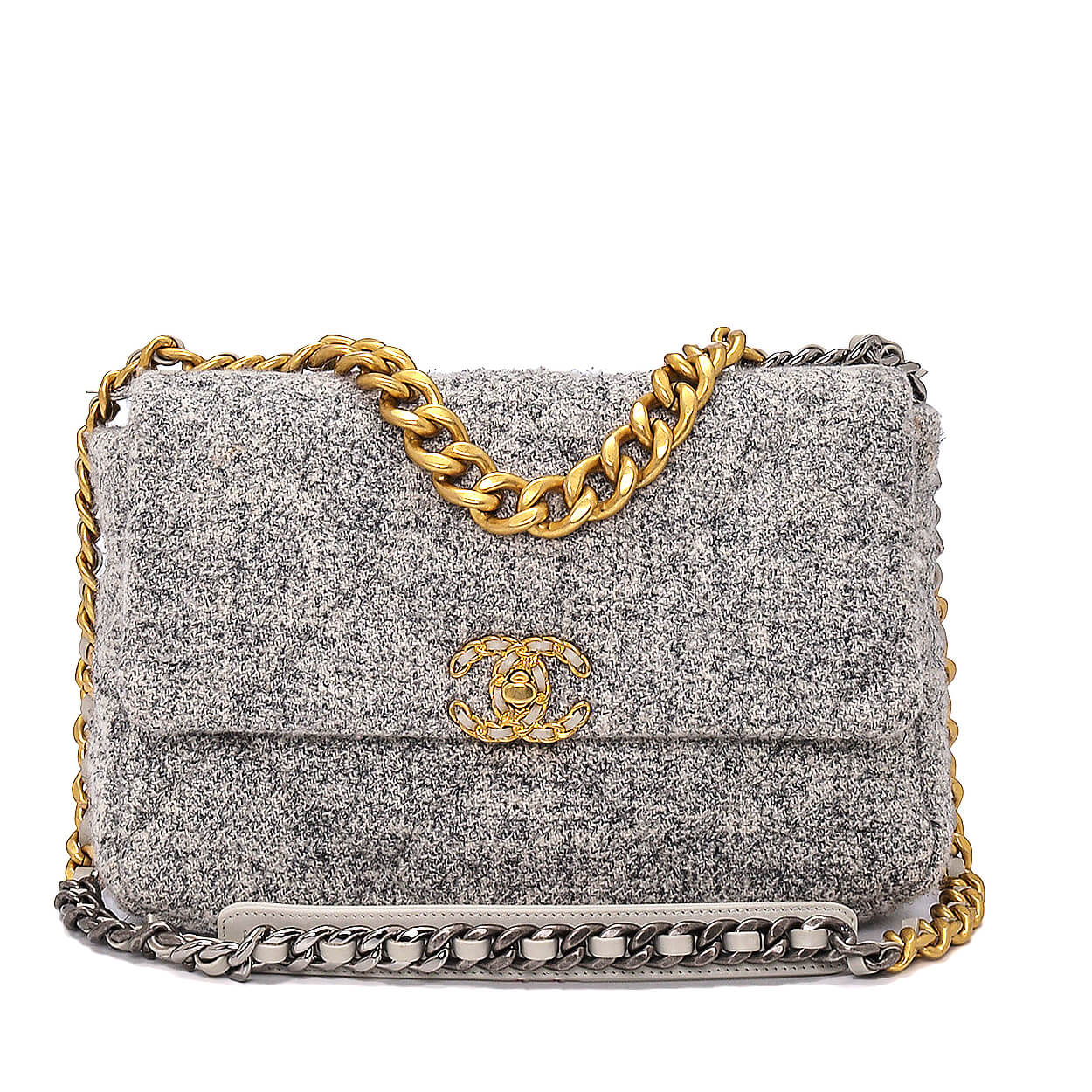 Chanel - Grey Quilted Wool Tweed No 19 Flap Bag 